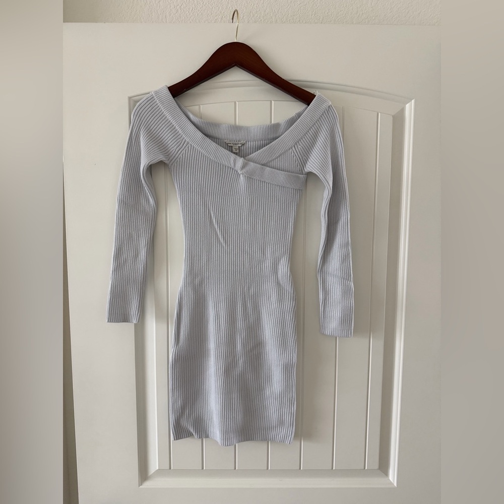 Guess Light Blue Ribbed Long Sleeve Mini Dress